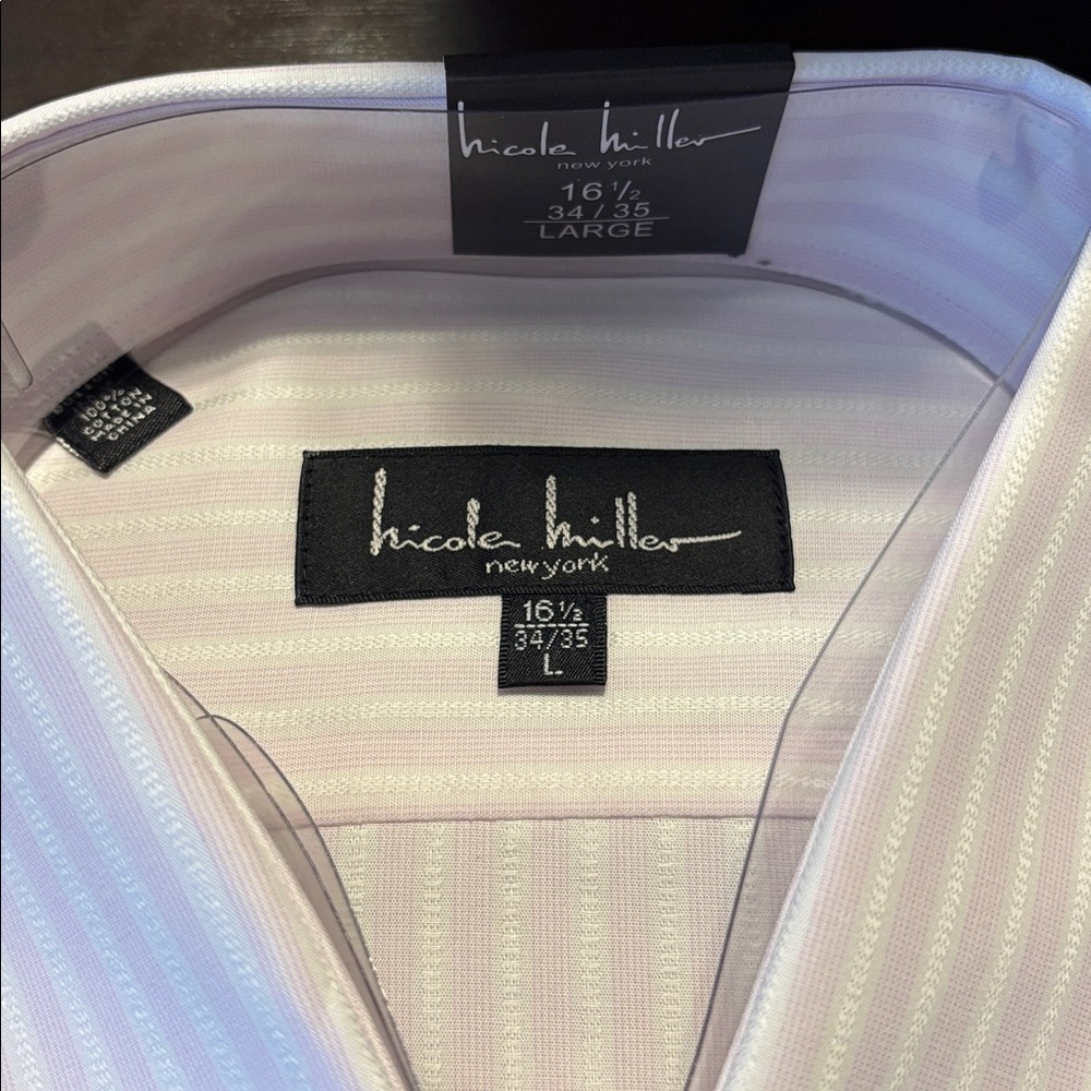 Men long sleeve  Light Pink and White Striped Dress Shirt
large neck 16.534/34 - Picture 5 of 6